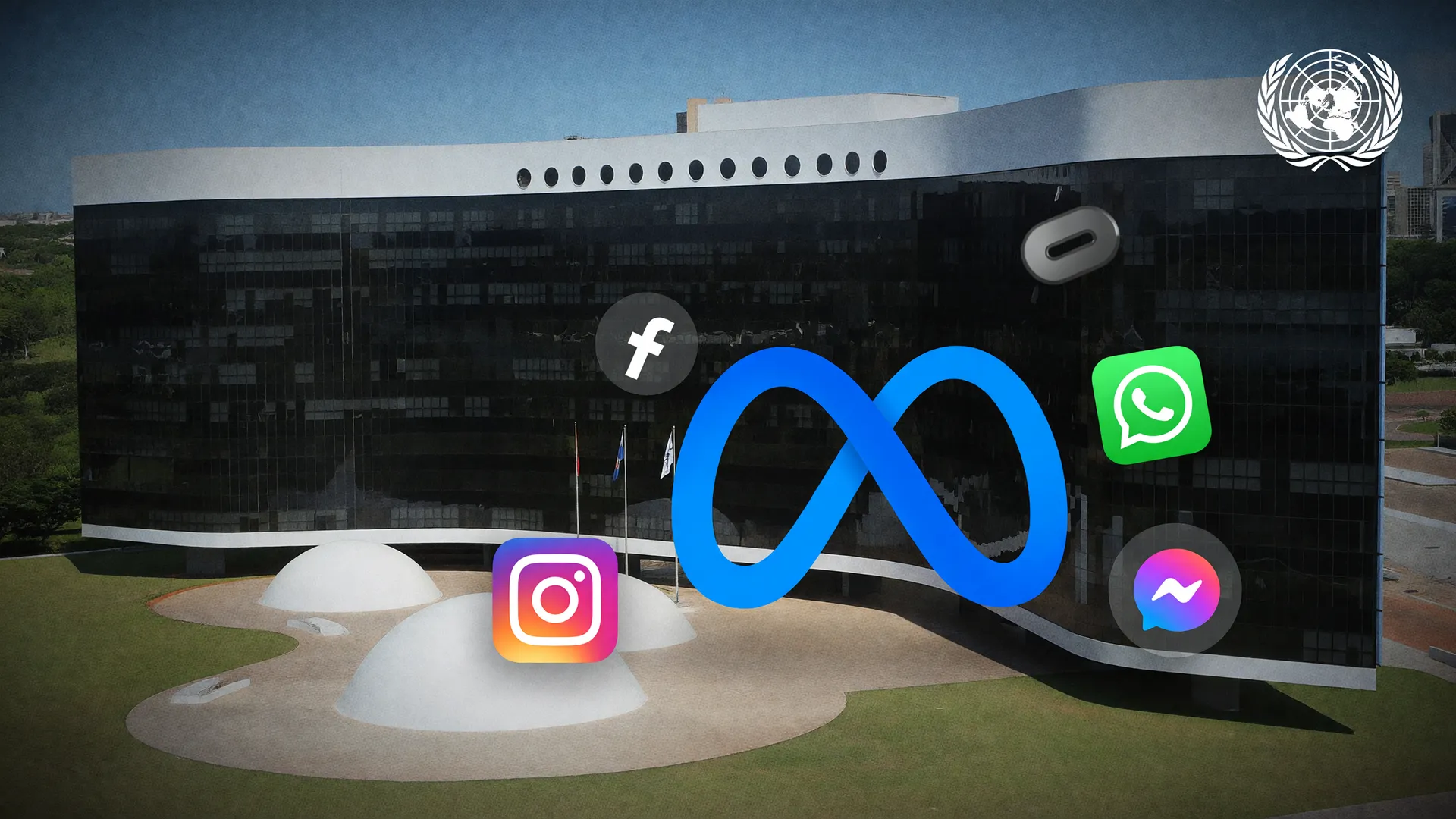 Prédio do TSE ao lado do logo da Meta, simbolizando o debate da ONU sobre Meta e tratamento desigual na eleição