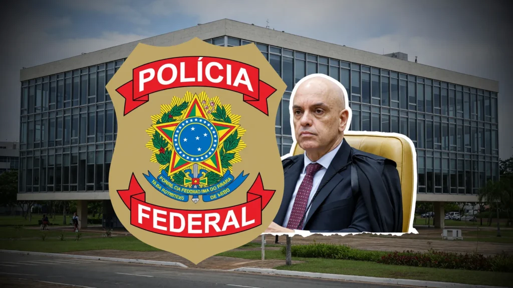 Operação Linceu vazamento STJ: fachada do STJ com o brasão da Polícia Federal e Alexandre de Moraes ao fundo