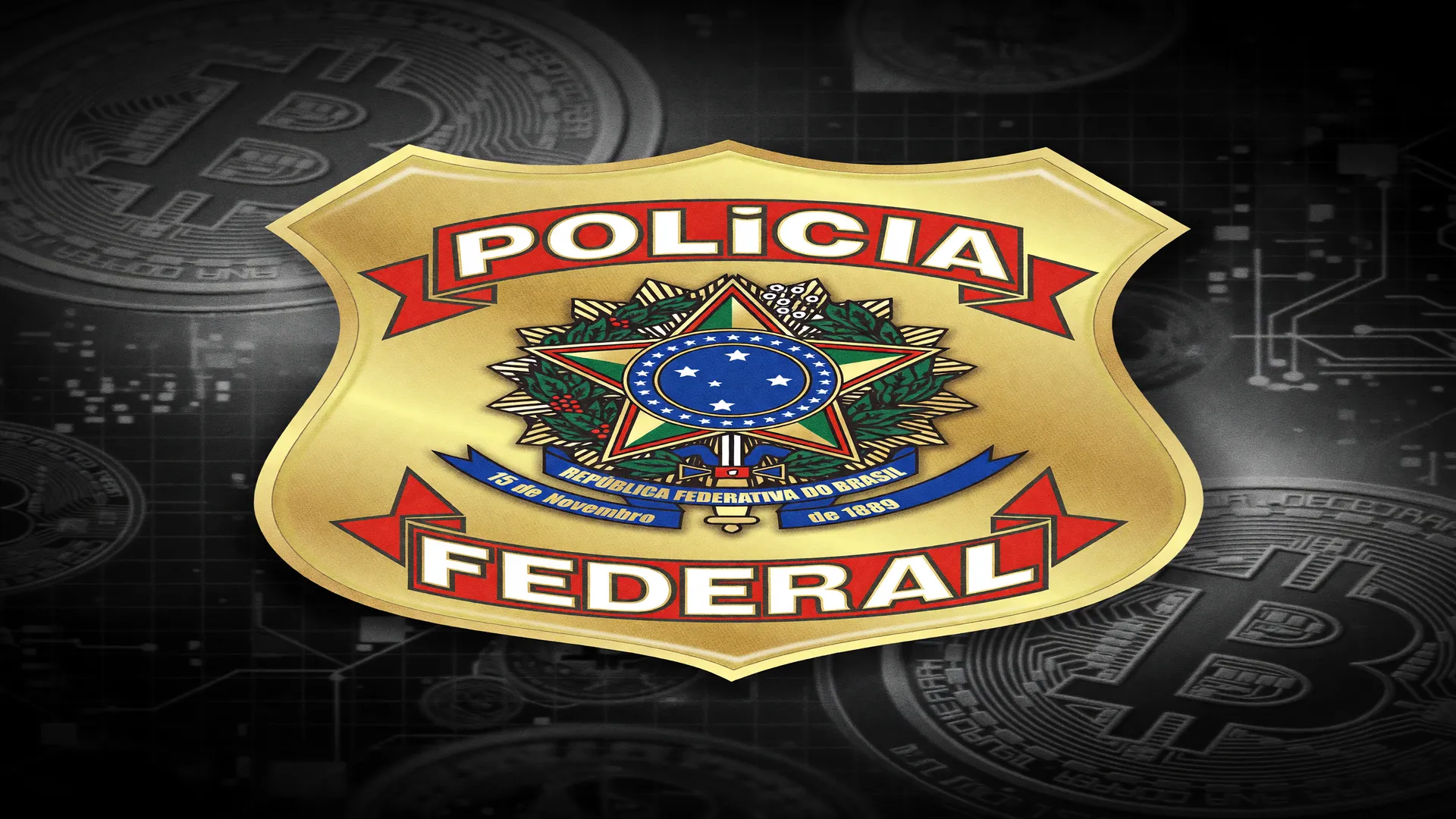 Brasão da Polícia Federal em destaque sobre fundo sombrio, simbolizando Paulo Guedes investigado PF criptomoedas