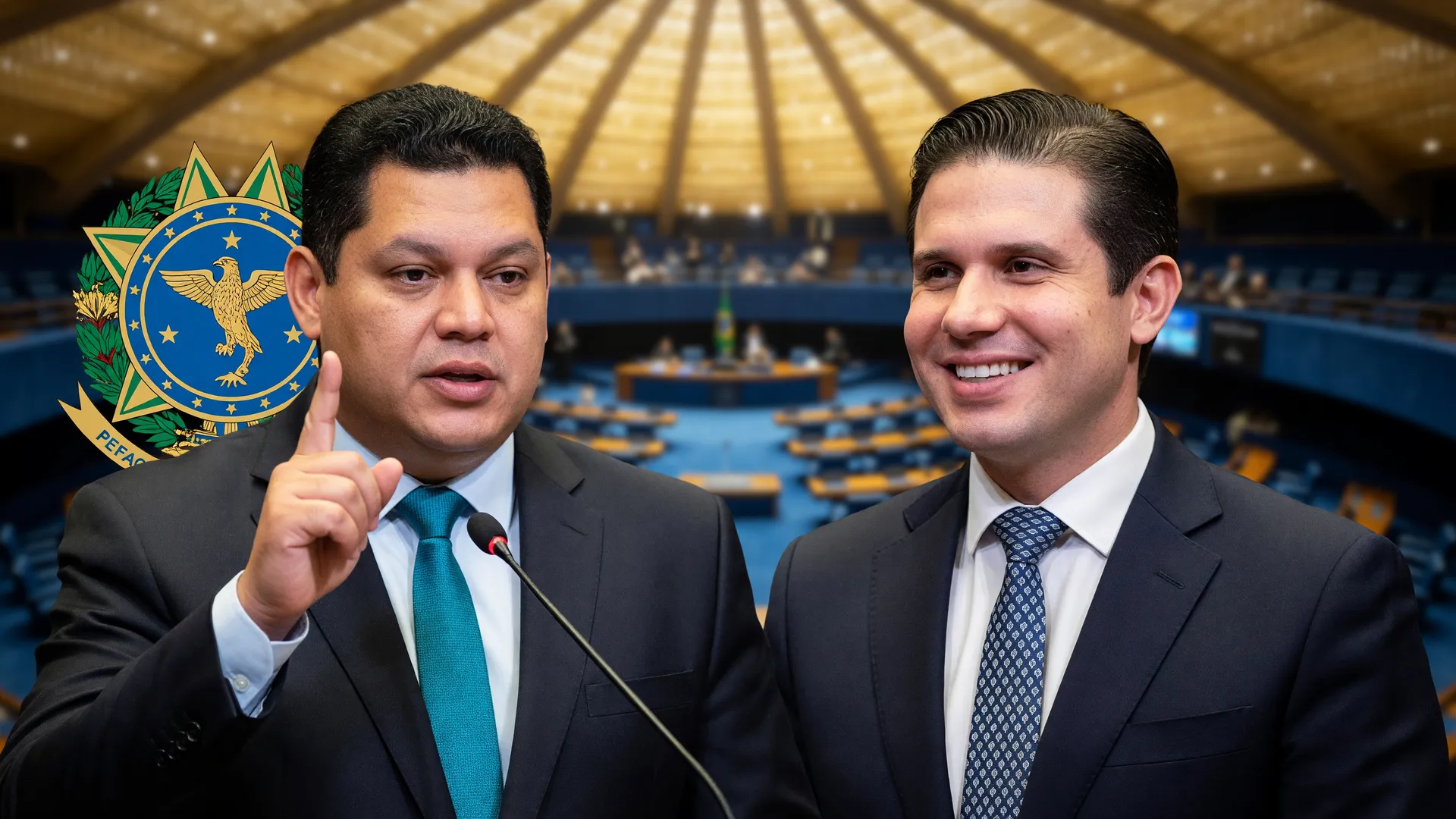 Alcolumbre discursa e Motta sorri ao lado, simbolizando avanço da PEC da escala 6x1 no Senado