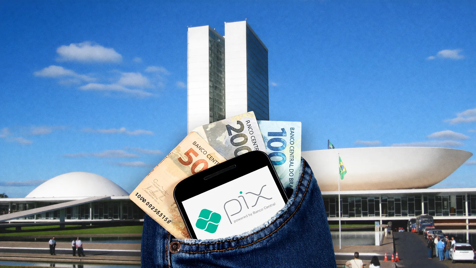 Celular com Pix e notas de real diante do Congresso, simbolizando o perdão de dívidas do MEI