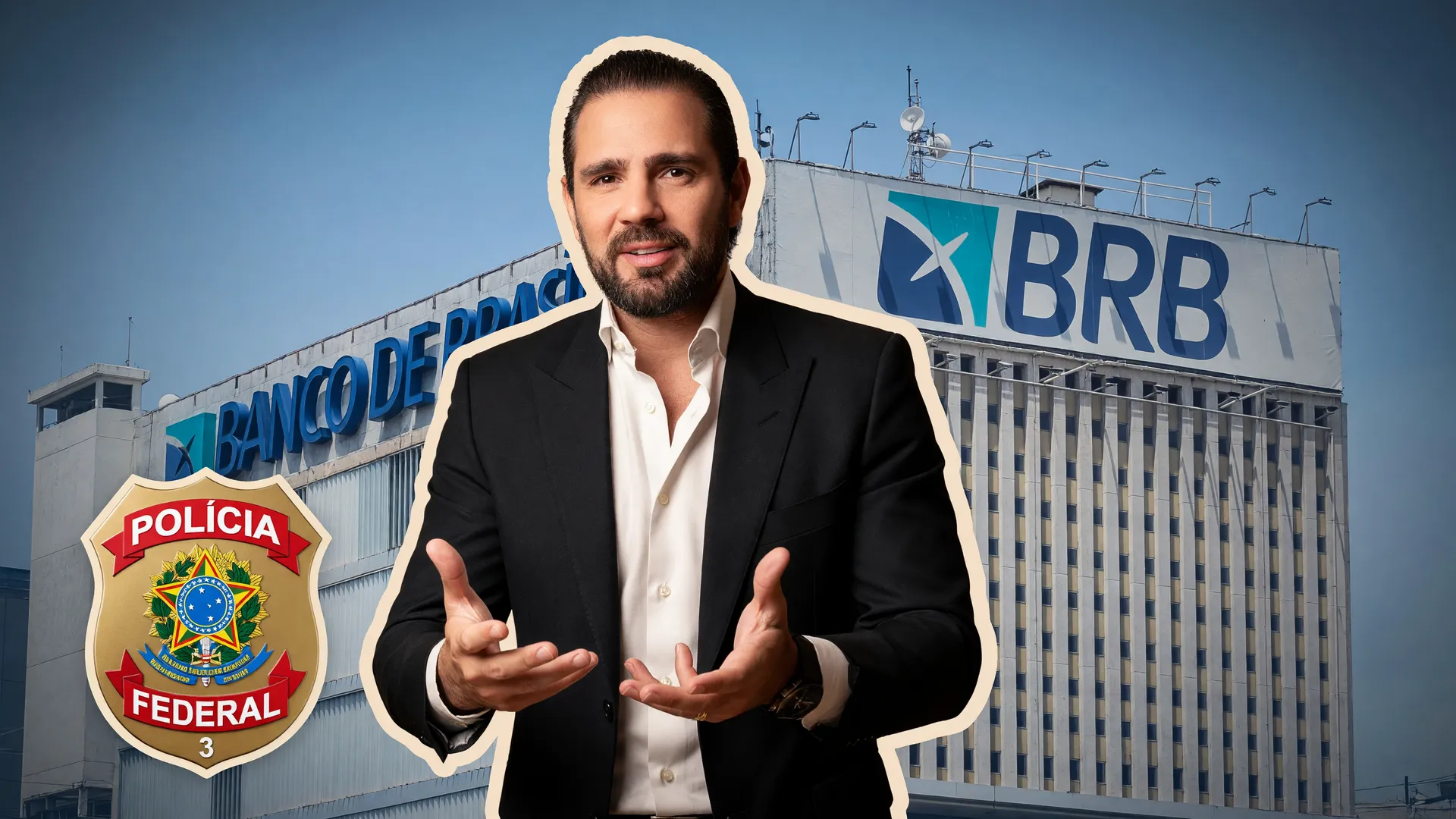 PF indicia Vorcaro caso Master: Daniel Vorcaro em primeiro plano, com o distintivo da Polícia Federal e a fachada do BRB