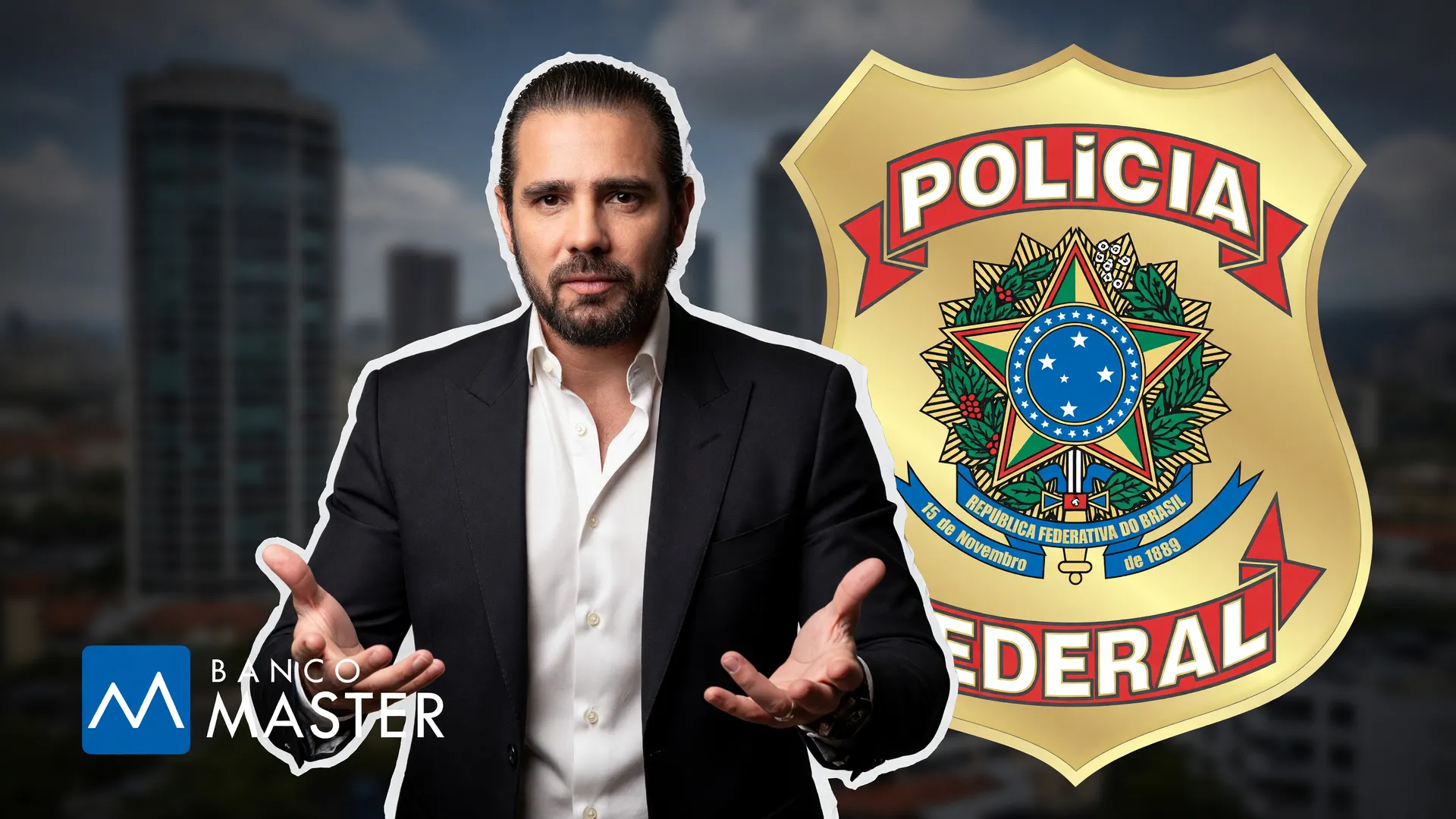 Daniel Vorcaro diante do brasão da Polícia Federal: PF indicia Vorcaro caso Master, com 15 indiciados