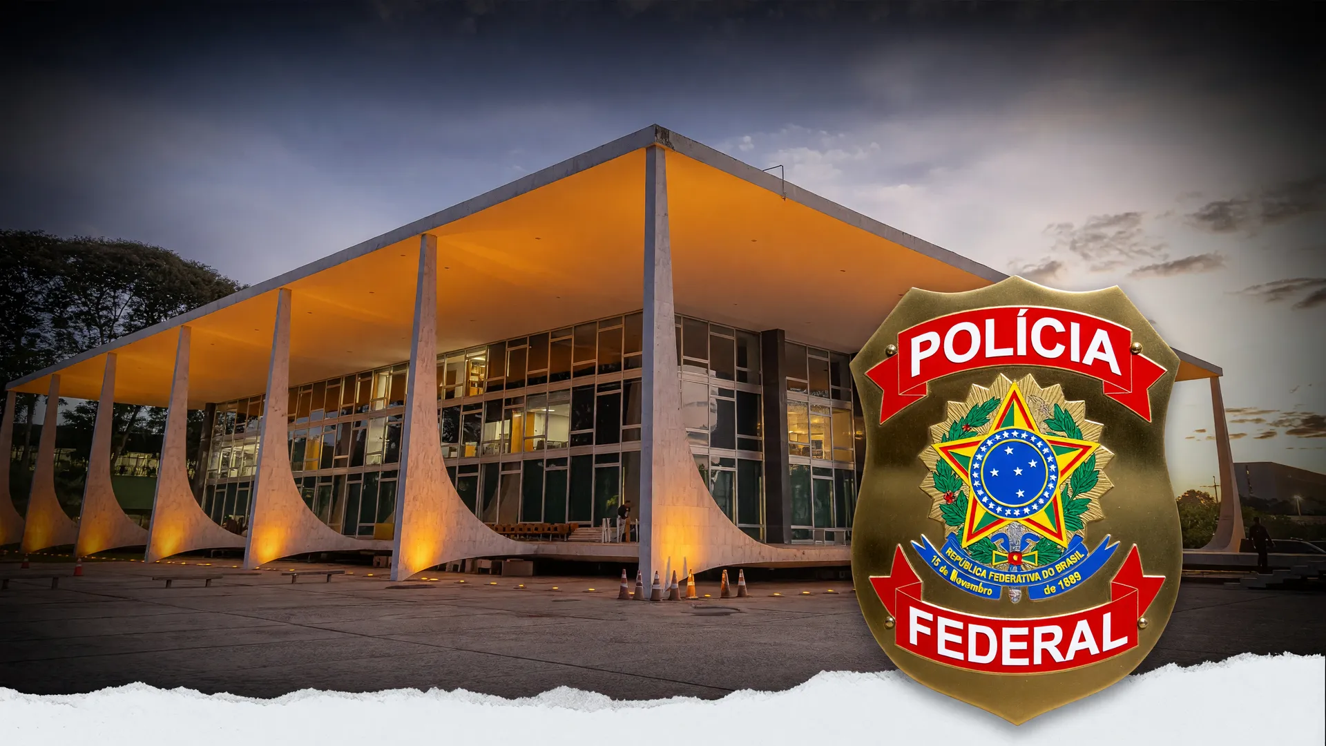 Fachada do STF ao entardecer e distintivo da Polícia Federal: PF investiga Flávio Bolsonaro Argentina