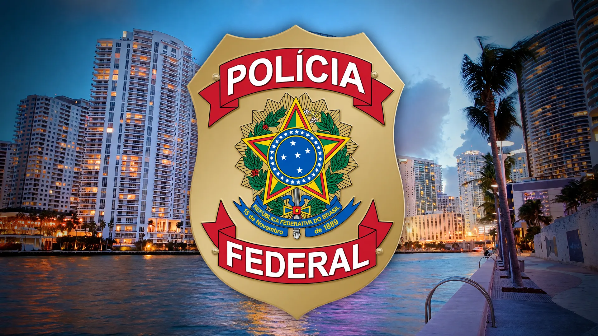 Distintivo da Polícia Federal sobre skyline de Miami ao entardecer, simbolizando PF risco fuga Flávio Bolsonaro