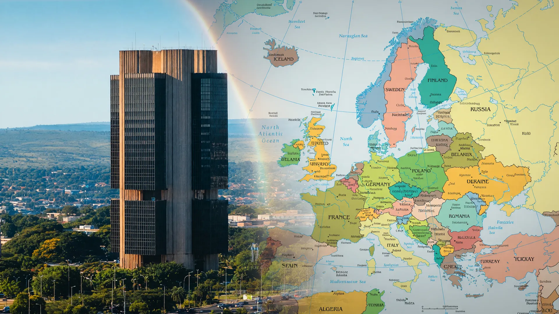 Torre do Banco Central e mapa da Europa representam o Pix internacional na Europa, conectando sistemas de pagamento