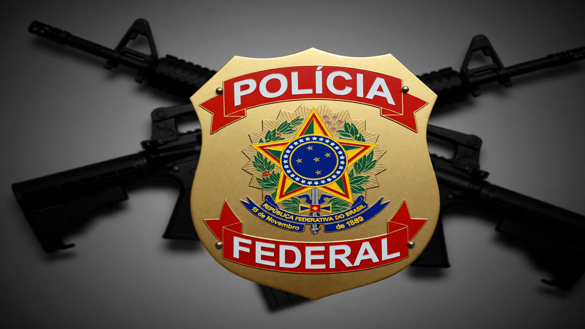 Distintivo da Polícia Federal ao lado de fuzis AR-15, remetendo a policiais acusados de vender fuzis a facção do Rio