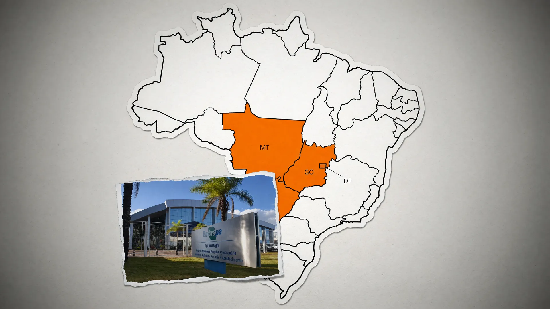 Mapa do Centro-Oeste e prédio da Embrapa ilustram a poluição da água pelo agro nas regiões produtoras