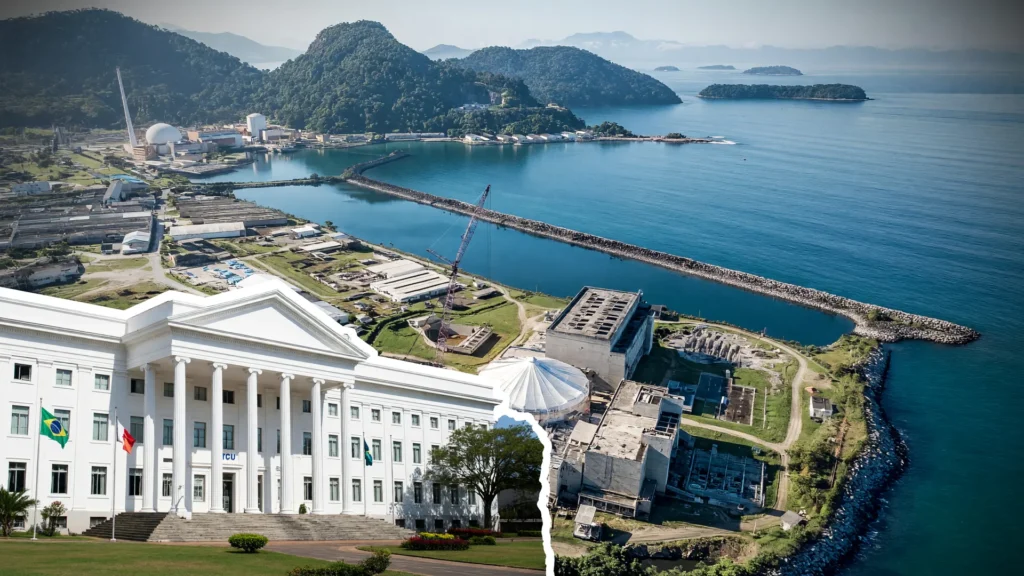 Usina de Angra e fachada do TCU simbolizam o prazo para decidir Angra 3, obra parada que custa R$ 1 bilhão ao ano