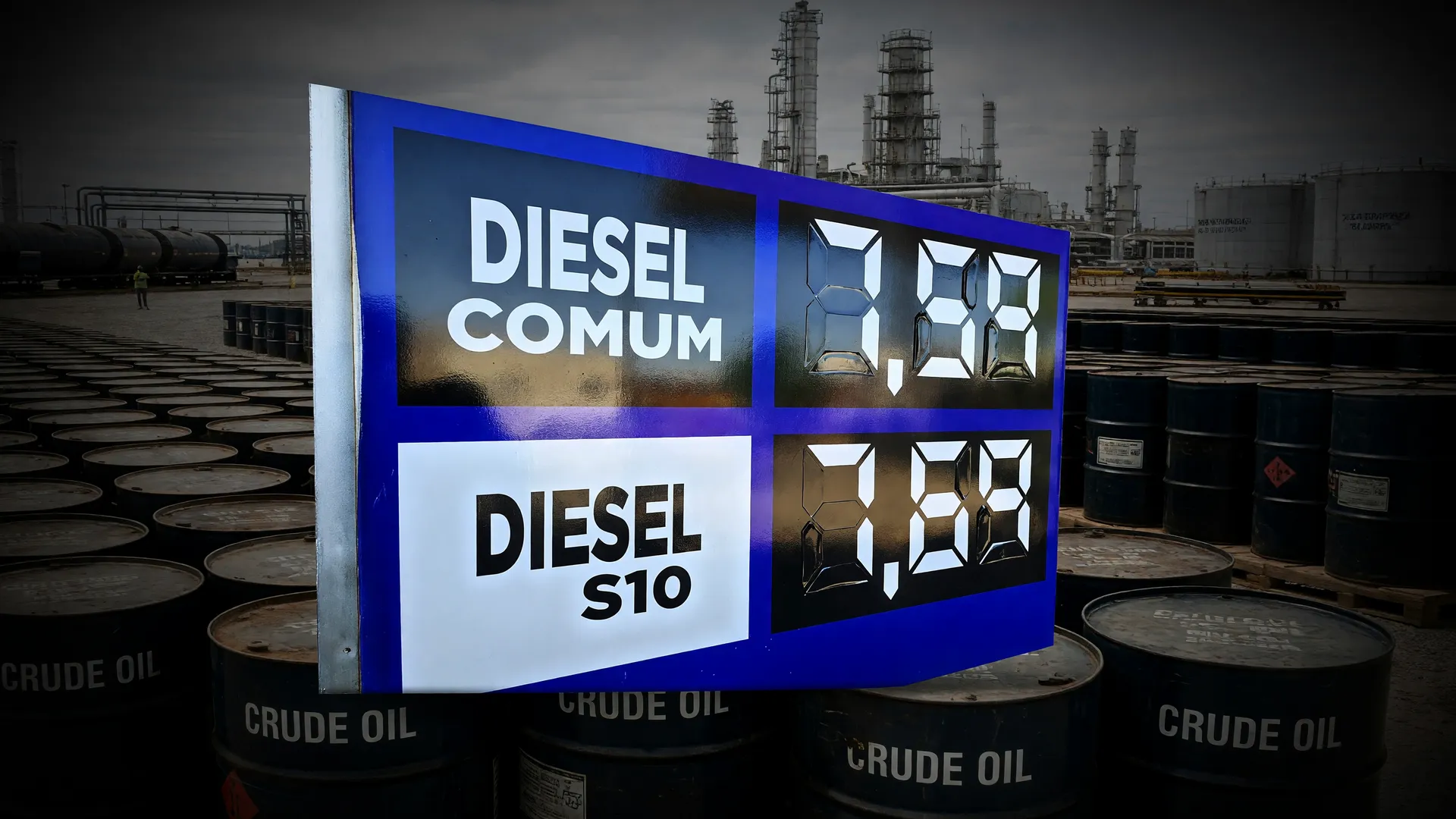 Placa de preço de diesel em posto sobre barris de petróleo, ilustrando o preço do diesel outubro com alta de 6,67%