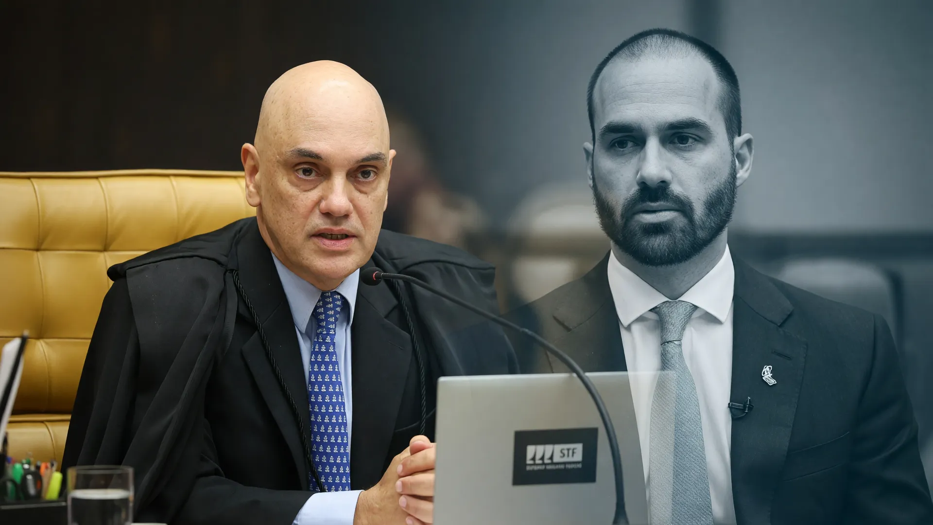 Moraes e Eduardo Bolsonaro ilustram a prisão de Eduardo Bolsonaro determinada pelo STF