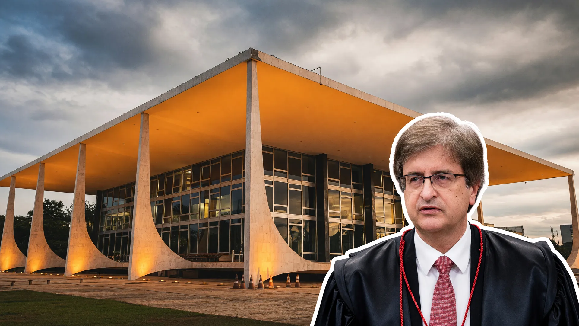 Fachada do STF ao entardecer remete à proibição das bets no STF, com retrato do procurador-geral Paulo Gonet