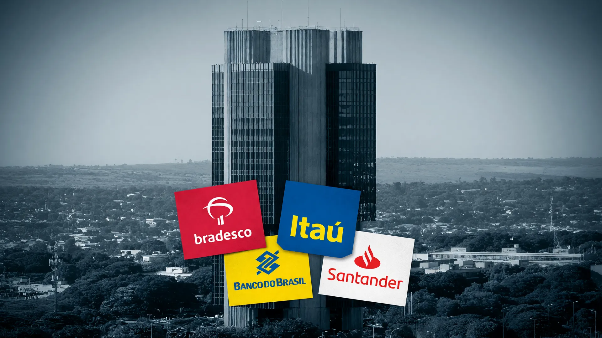 Sede do Banco Central e logos de bancos brasileiros ilustram medida para proibir mais de um cartão por pessoa