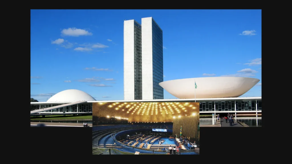 Congresso Nacional e plenário do Senado em colagem sobre projetos contra unidades de conservação