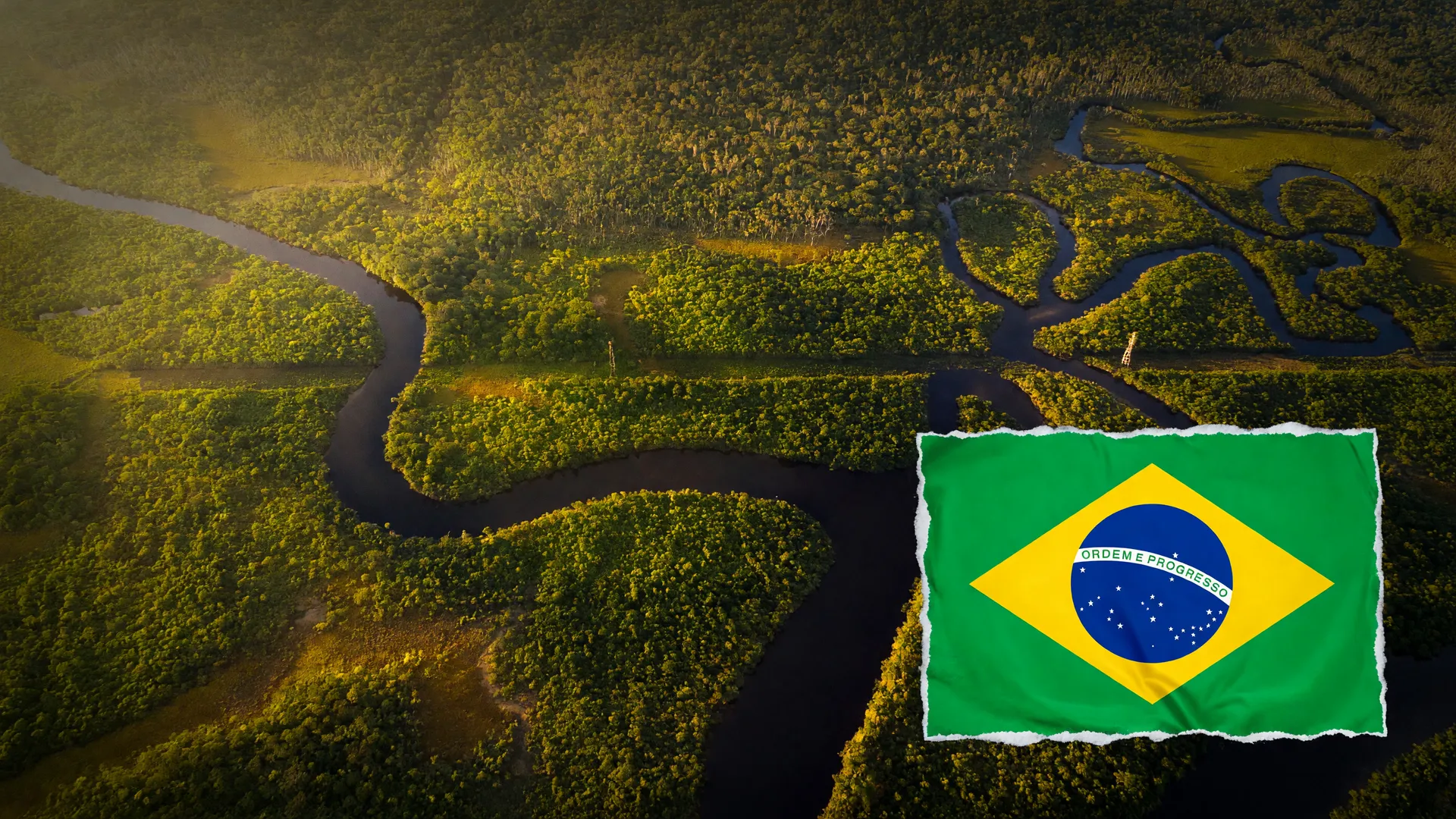 Vista aérea da floresta amazônica com a bandeira do Brasil, simbolizando a queda das emissões no Brasil em 2025