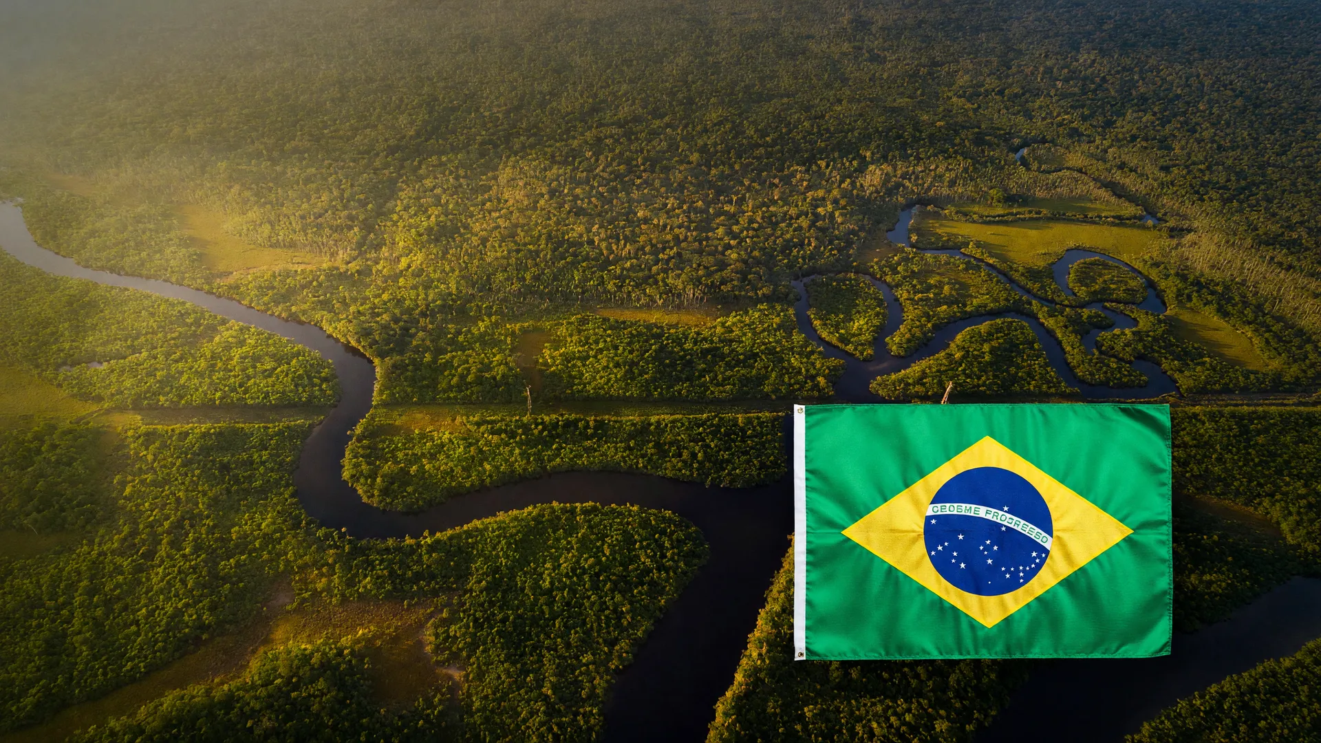 Floresta amazônica vista do alto, com bandeira do Brasil, simbolizando a queda do desmatamento e dos danos climáticos