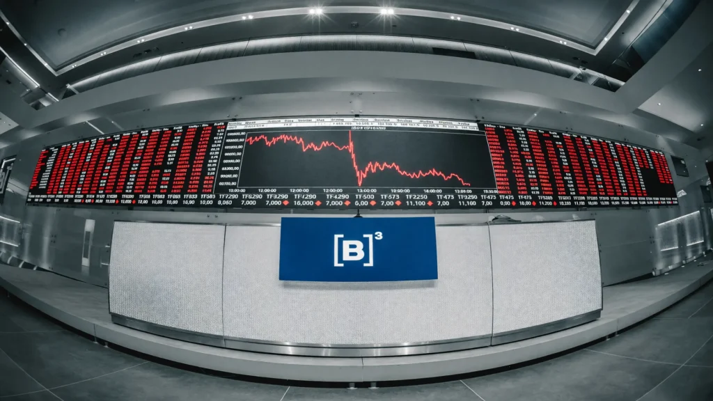 Painel da B3 mostrando a queda do Ibovespa reeleição Lula, com cotações em vermelho no salão da bolsa