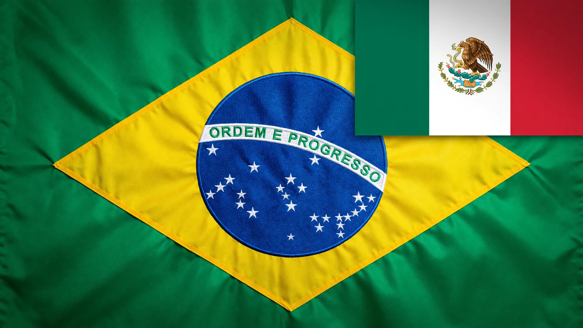 Bandeiras do Brasil e do México simbolizam a queda do risco país Brasil, que se aproxima do nível mexicano