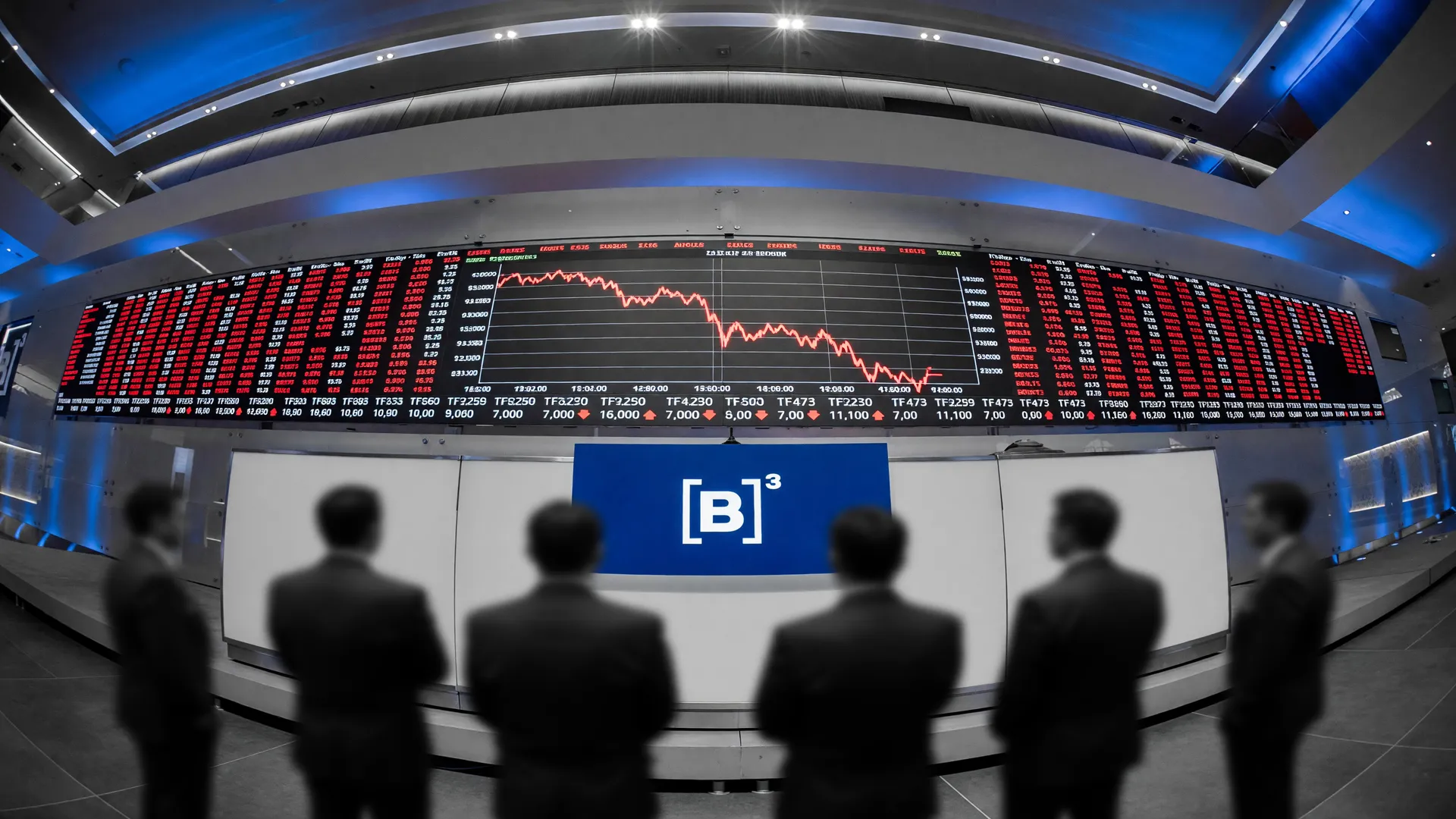 Painel da B3 com cotações em queda após a queda Ibovespa reeleição Lula, em ambiente de bolsa de valores