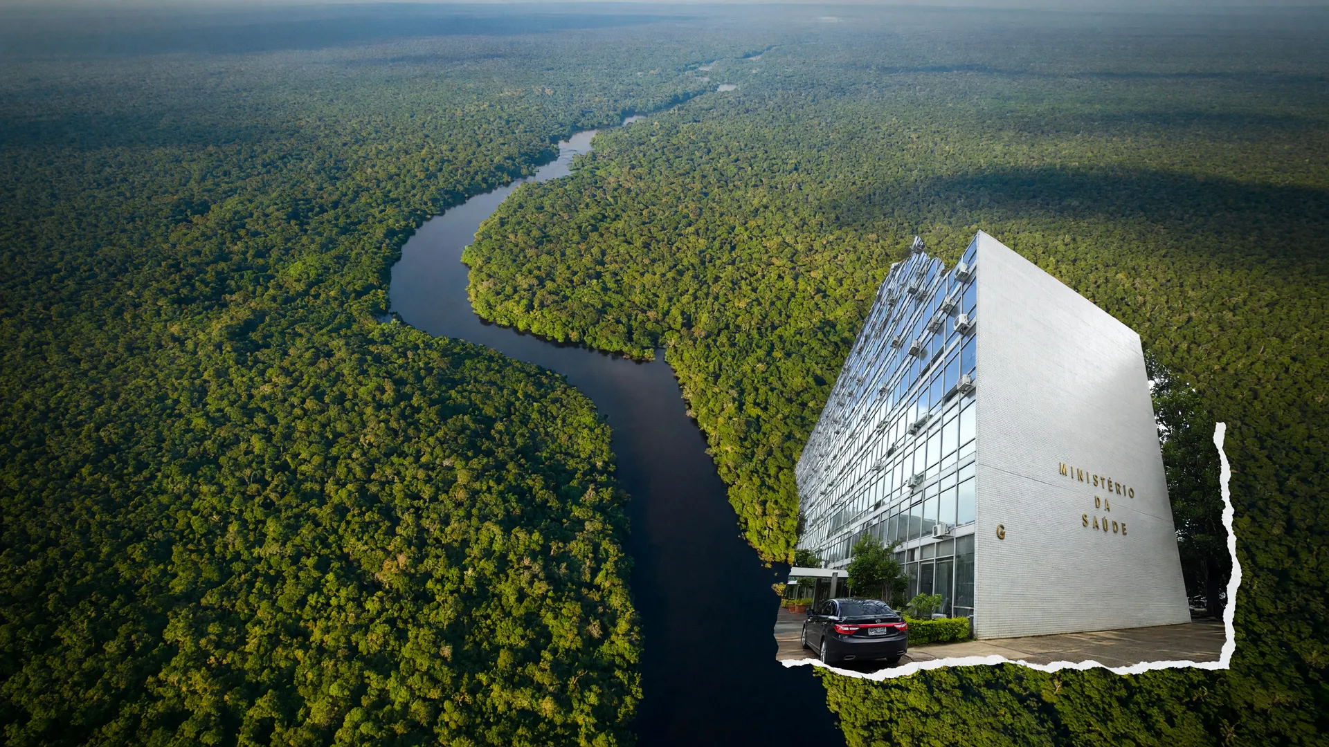 Vista aérea da floresta amazônica e fachada do Ministério da Saúde: queimadas no Amazonas saúde pública em alerta
