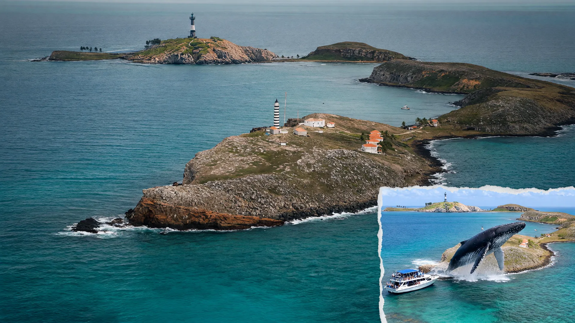 Vista aérea de Abrolhos com farol e recifes: regiões de recifes de corais criticamente em perigo, segundo a UICN