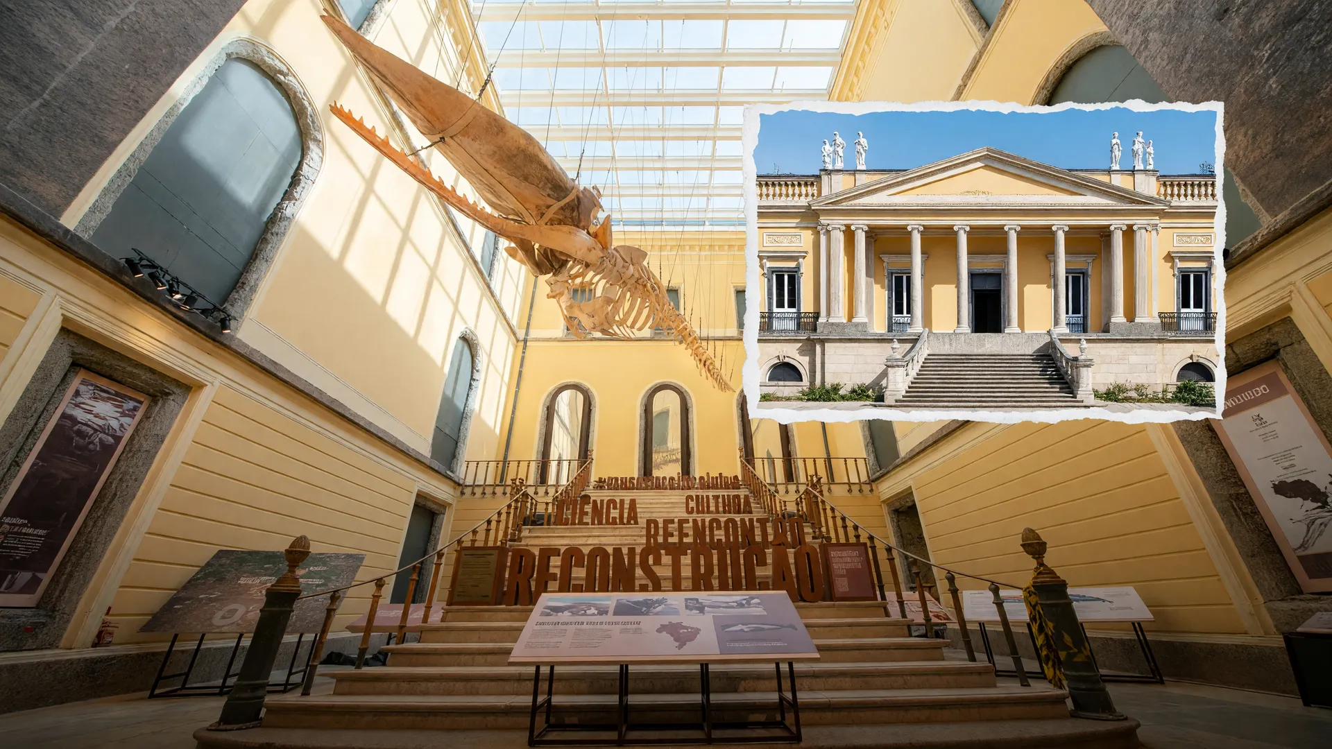 Saguão do Museu Nacional com esqueleto de baleia em obras de reconstrução do Museu Nacional, após incêndio de 2018