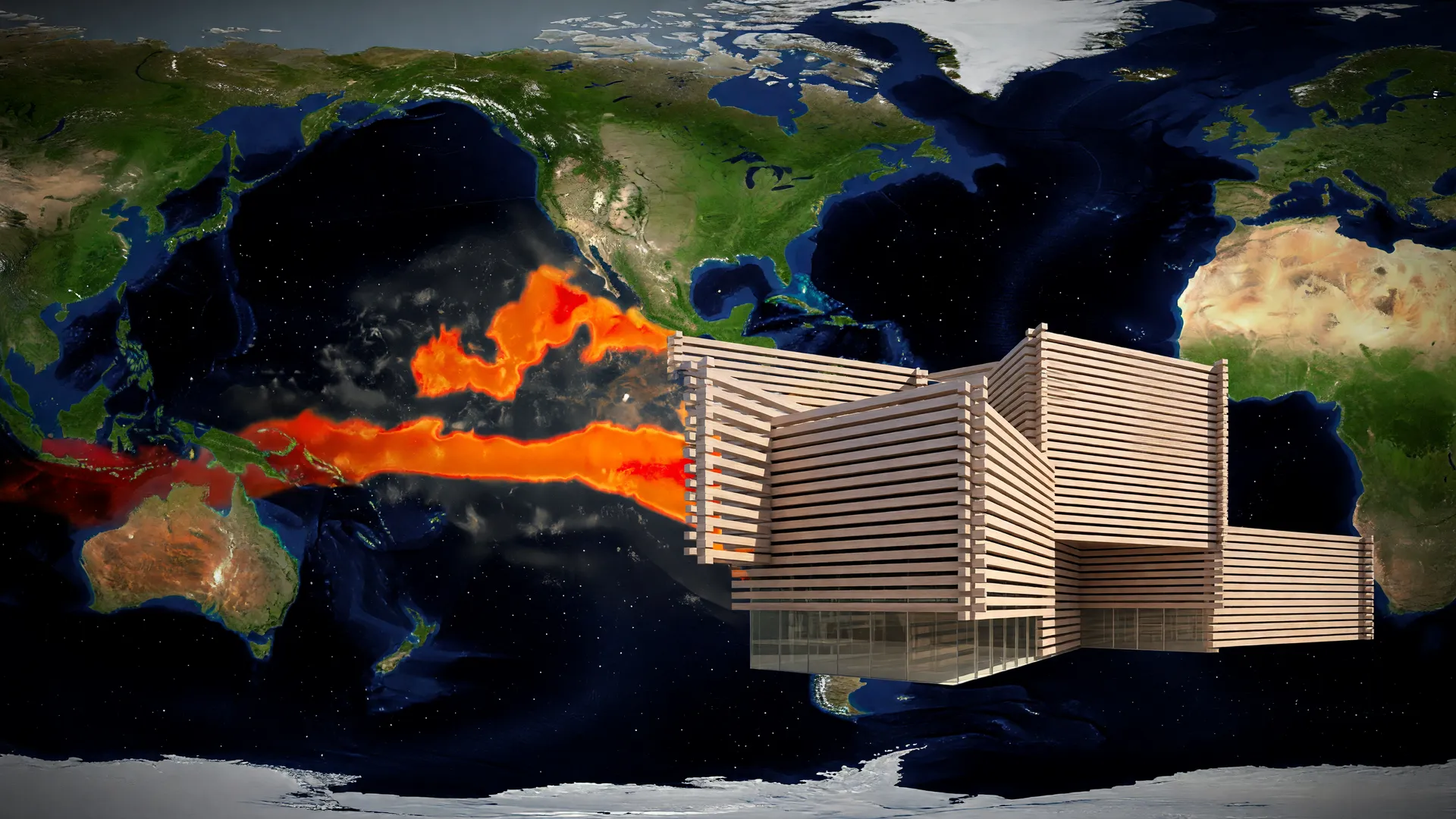 Mapa térmico do Pacífico com El Niño e sede da OMM ilustram o recorde gases efeito estufa 2025