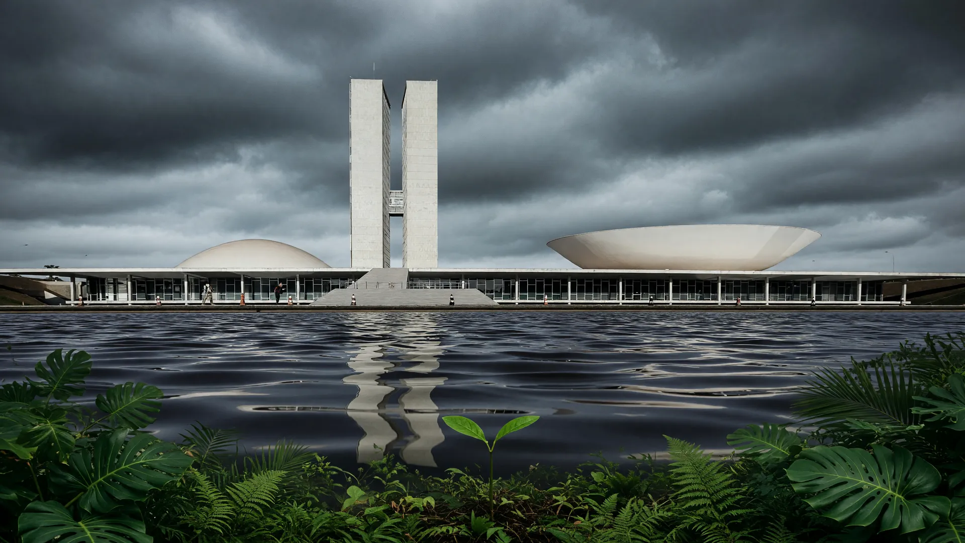 Congresso Nacional com vegetação em primeiro plano, simbolizando a reeleição de Lula e o meio ambiente