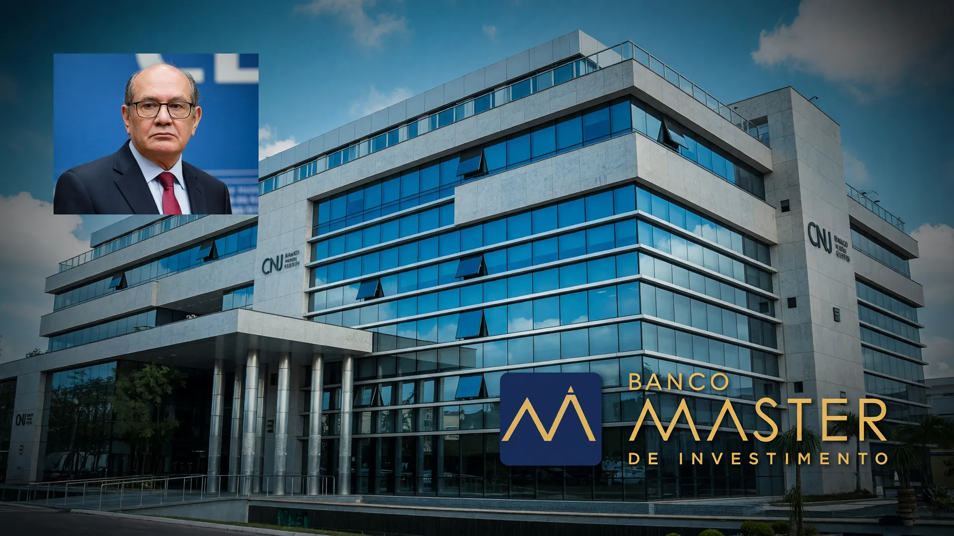Sede do CNJ ao fundo e logotipo do Banco Master em destaque, simbolizando as regras do CJF para precatórios