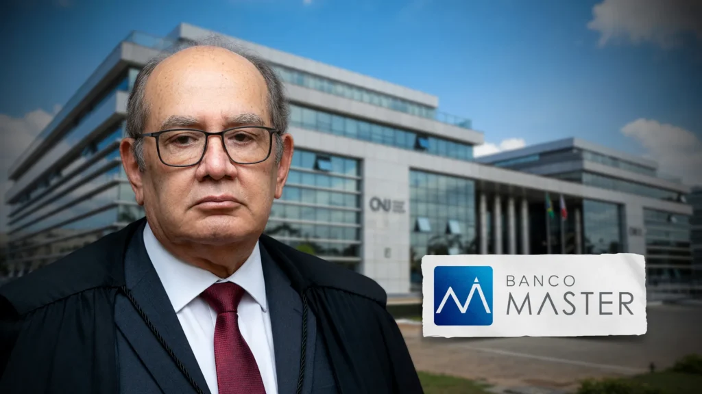 Gilmar Mendes, sede do CNJ e logo do Banco Master ilustram as novas regras para emissão de precatórios no caso Master.