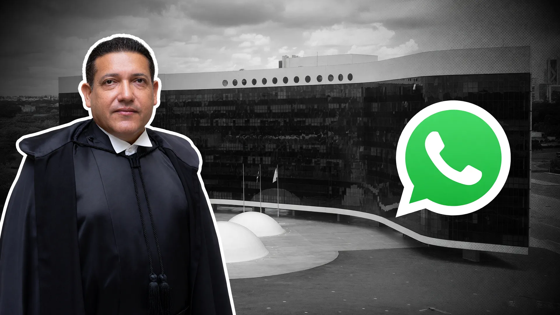 Ministro Nunes Marques diante do prédio do TSE e do ícone do WhatsApp: regras TSE canais WhatsApp campanha