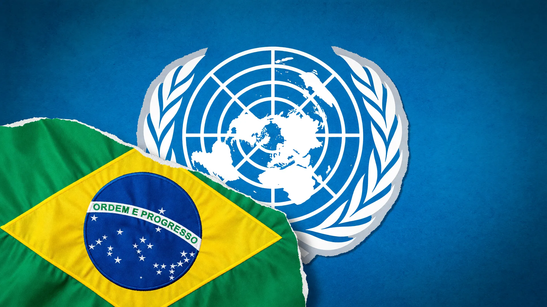 Bandeira do Brasil sobre o emblema da ONU, ilustrando o relatório ONU restauração de ecossistemas e a meta global até 2030