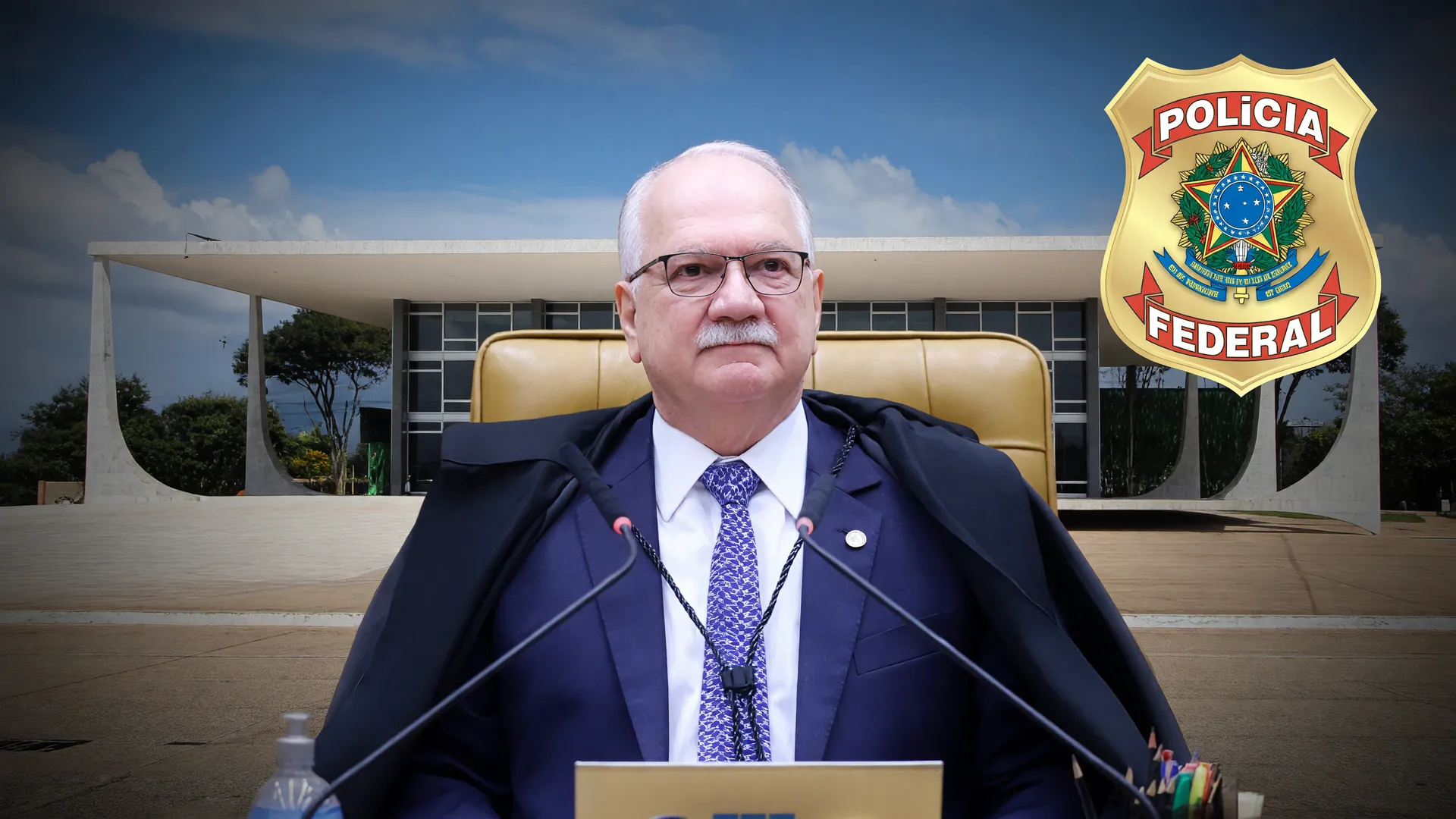 Edson Fachin ao lado do brasão da PF representa os relatórios da PF caso Master que citam ministros do STF