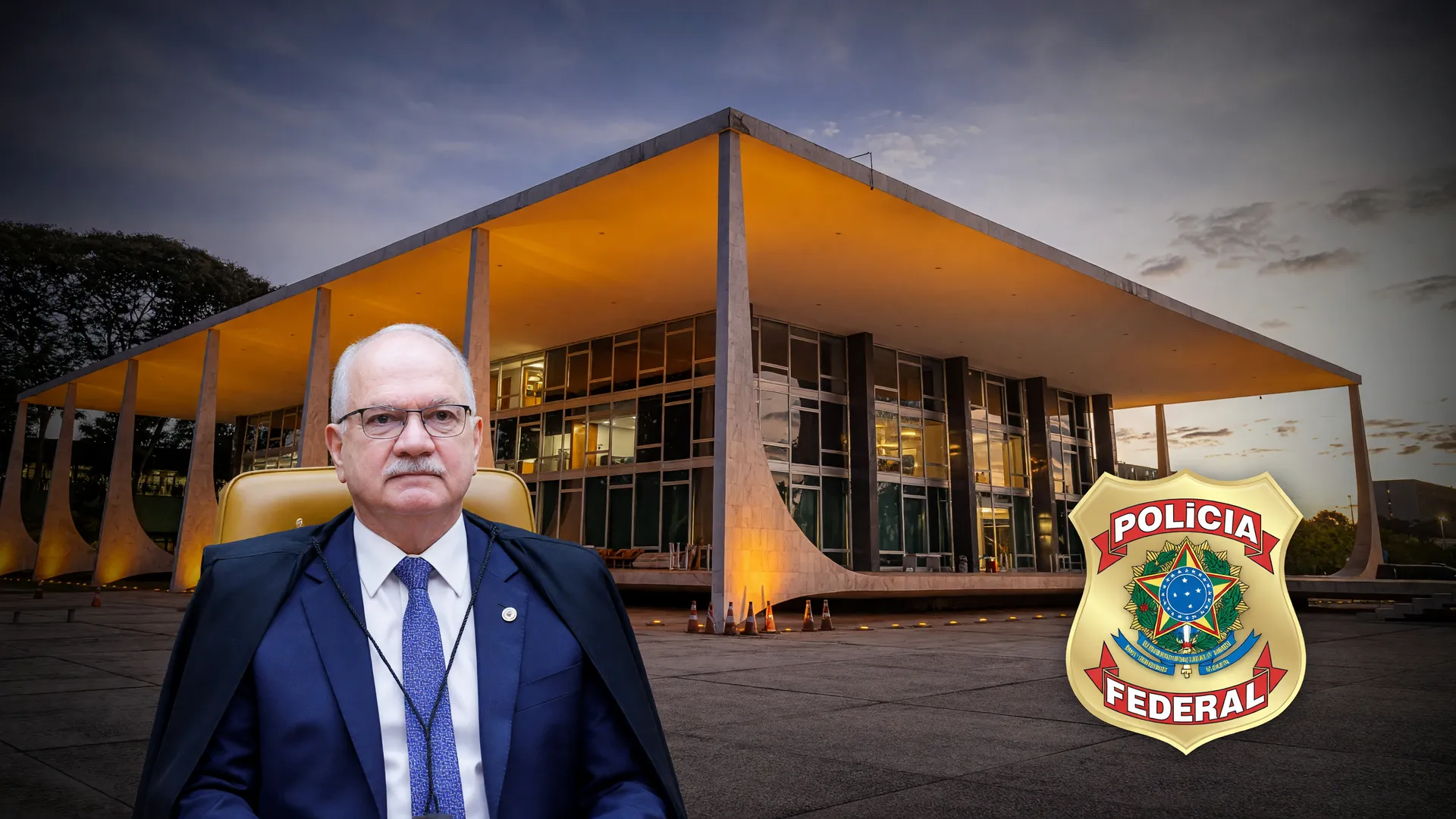Fachin diante do STF e brasão da PF ilustram os relatórios PF ministros STF Master enviados ao Supremo