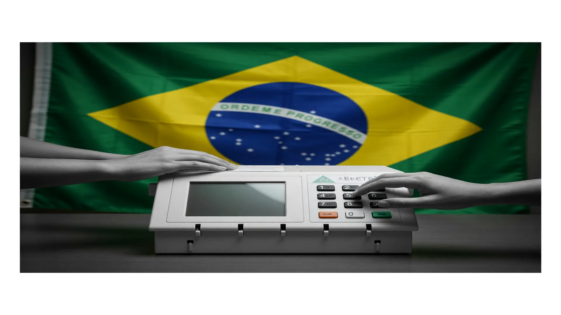 Urna eletrônica e bandeira do Brasil simbolizam o resultado primeiro turno eleições 2026 rumo ao segundo turno.