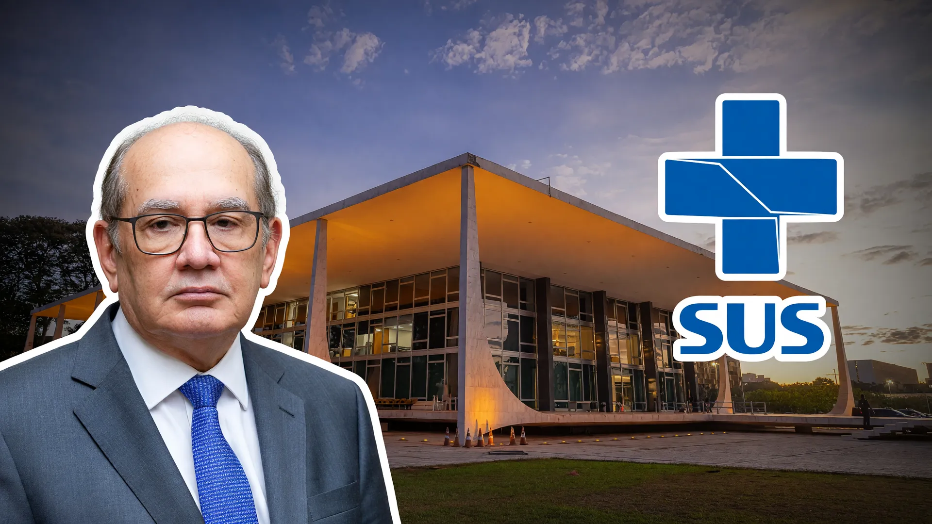 Fachada do STF com o símbolo do SUS e retrato de Gilmar Mendes, ilustrando a revisão tabela SUS hospitais