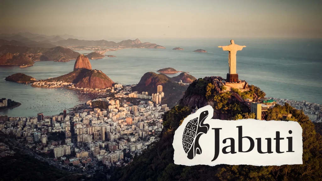 Ruy Castro Livro do Ano Jabuti: Rio de Janeiro com Cristo Redentor ao lado do logotipo do Prêmio Jabuti
