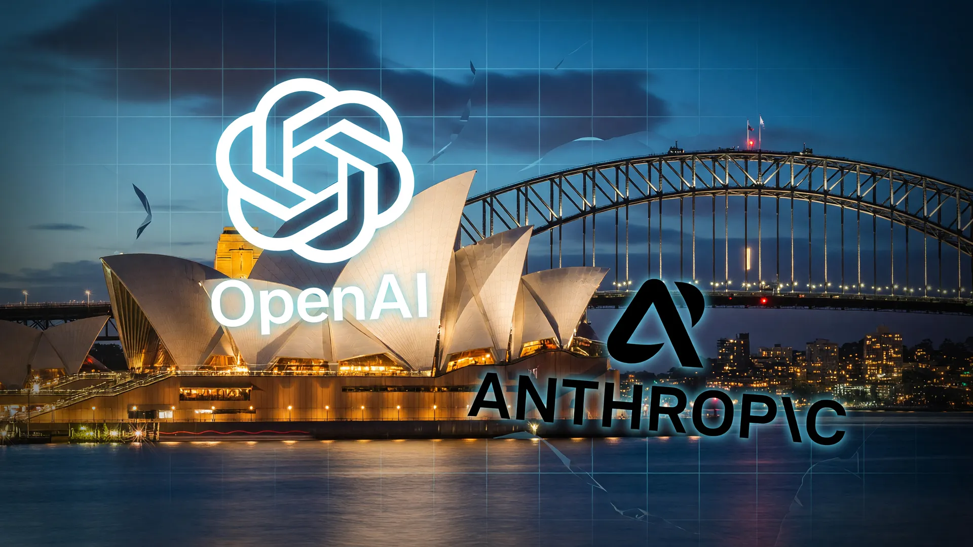 Logotipos da OpenAI e Anthropic sobre a Opera de Sydney simbolizam falha na segurança de agentes de IA na Austrália.