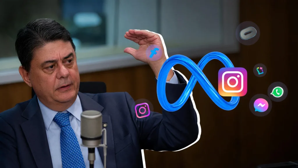 Autoridade da Senacon ao microfone diante de logos da Meta e Instagram: Senacon Meta contas derrubadas eleições