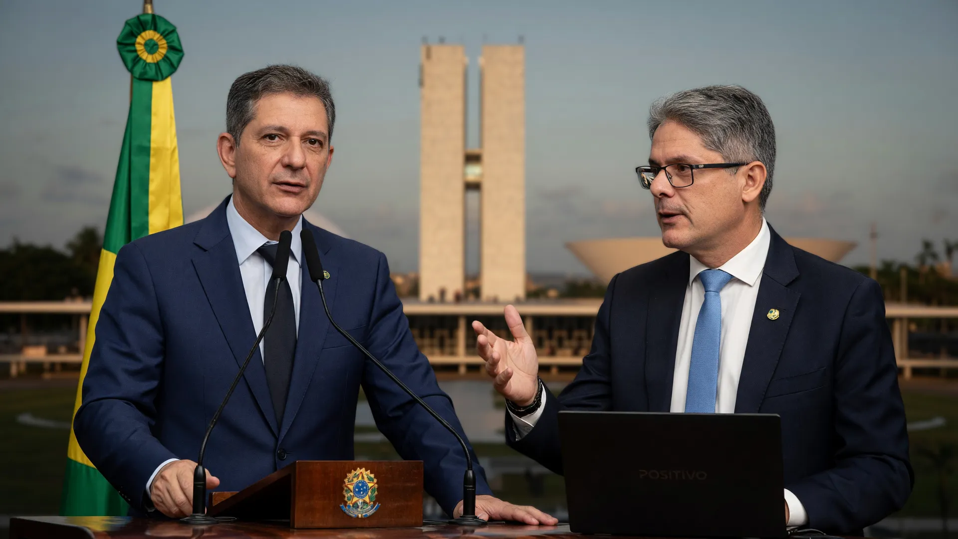 Rogério Carvalho e Alessandro Vieira, senadores eleitos em Sergipe, discursam com o Senado Federal ao fundo