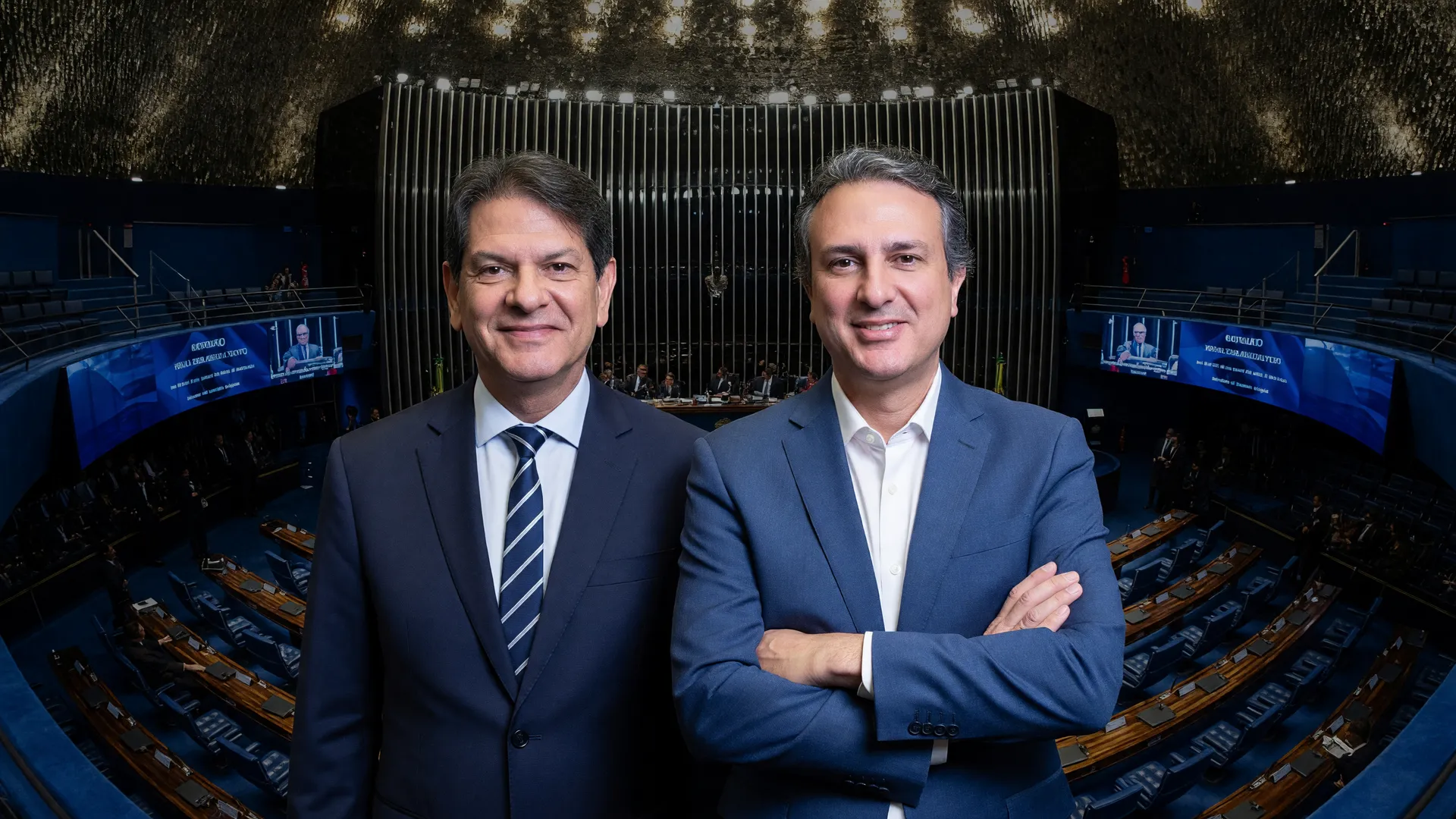 Retratos dos senadores eleitos pelo Ceará ao lado do plenário do Senado Federal em Brasília