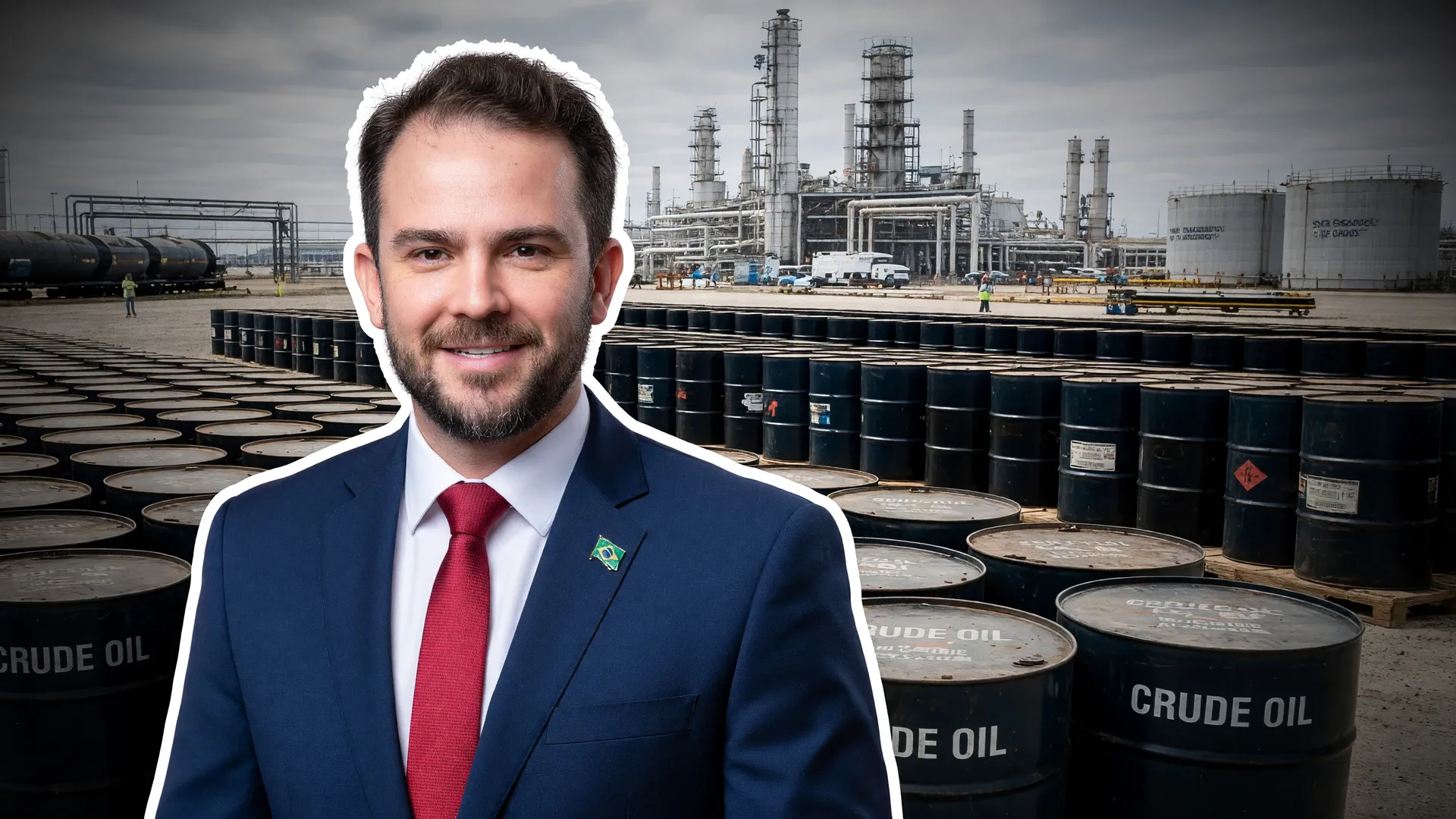 Dario Durigan diante de barris de petróleo, ilustrando a possibilidade de subsídios aos combustíveis em 2027