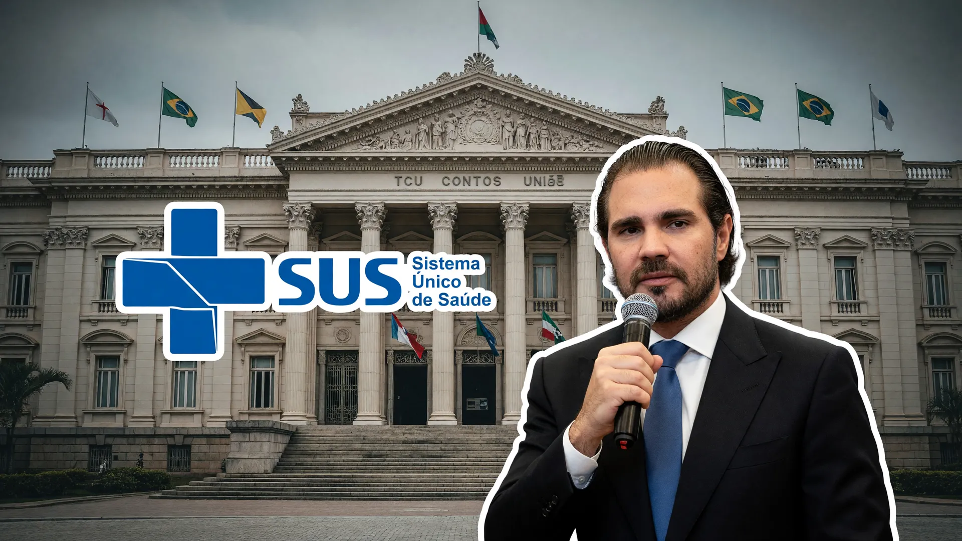 Fachada do TCU ao lado de Daniel Vorcaro e do símbolo do SUS, em referência à apuração TCU insulina SUS Vorcaro