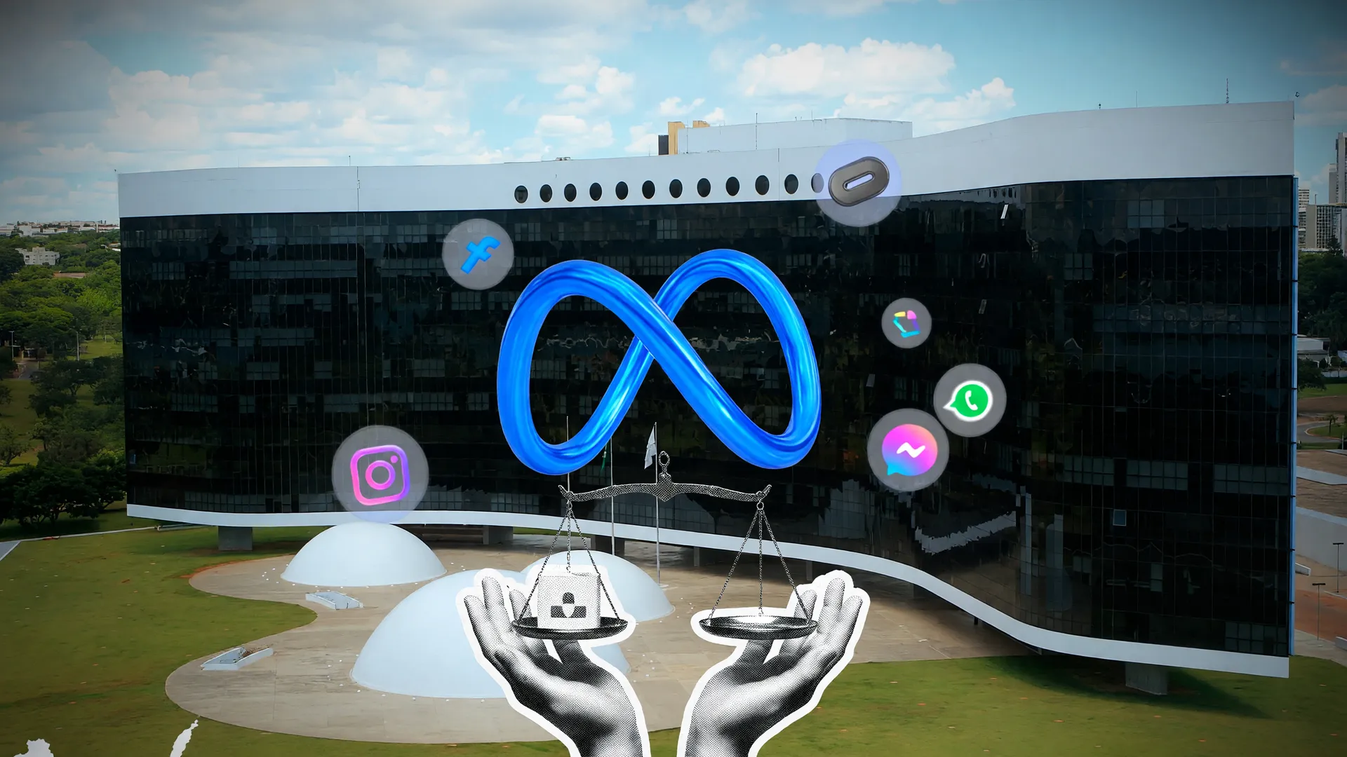 Fachada do TSE ao fundo de uma tela com logo da Meta e balança da justiça: TSE multa Meta Lula Flávio por tratamento igual