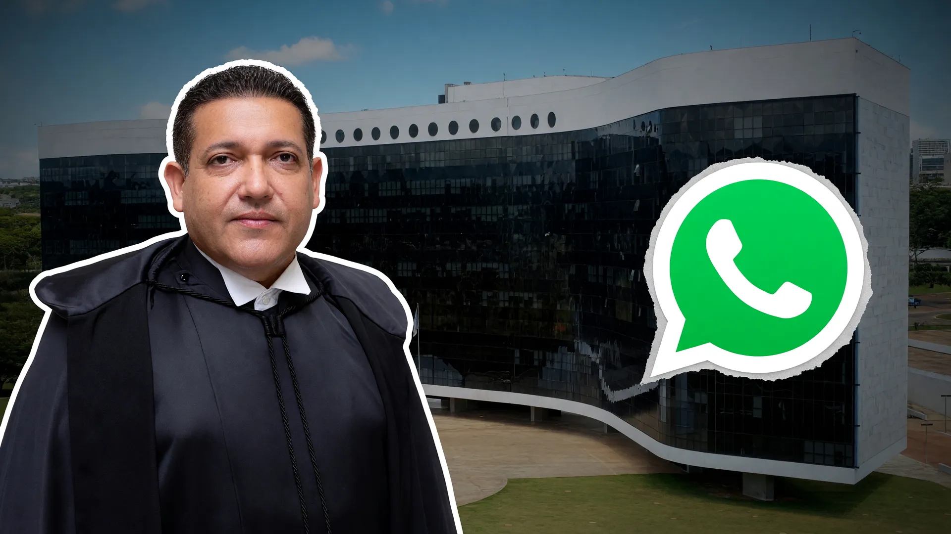 TSE regras canais WhatsApp campanhas: fachada do TSE, ministro Nunes Marques e o ícone do WhatsApp em colagem editorial