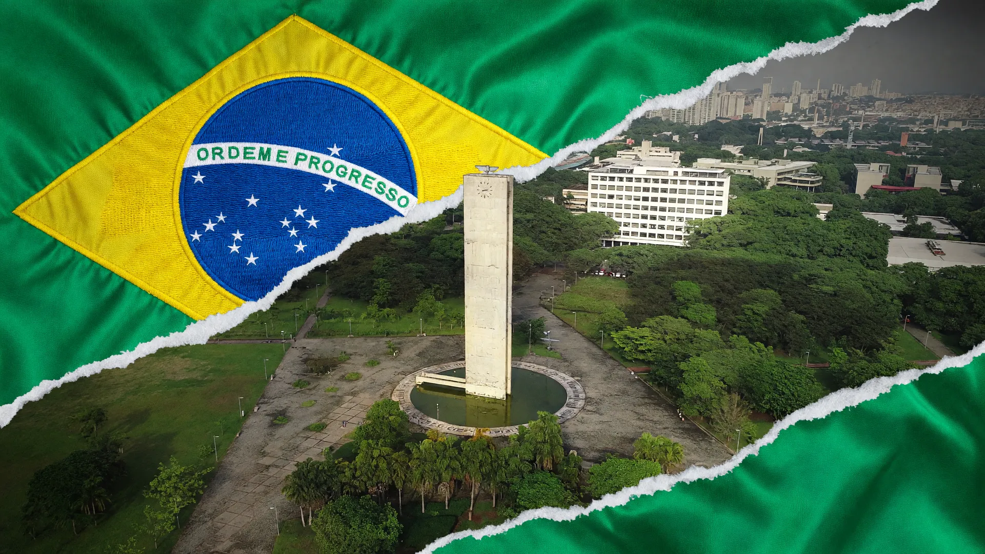 Vista aérea da USP com bandeira do Brasil ao fundo, simbolizando os USP pesquisadores mais citados do mundo