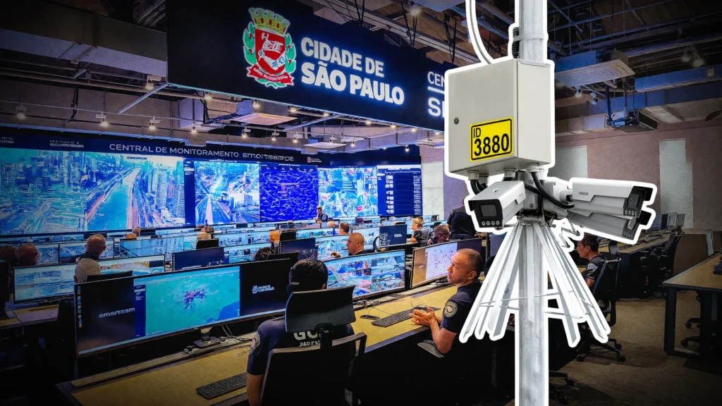 Central de monitoramento com guardas diante de telas, ilustrando o vazamento de dados Smart Sampa e o acesso a câmeras