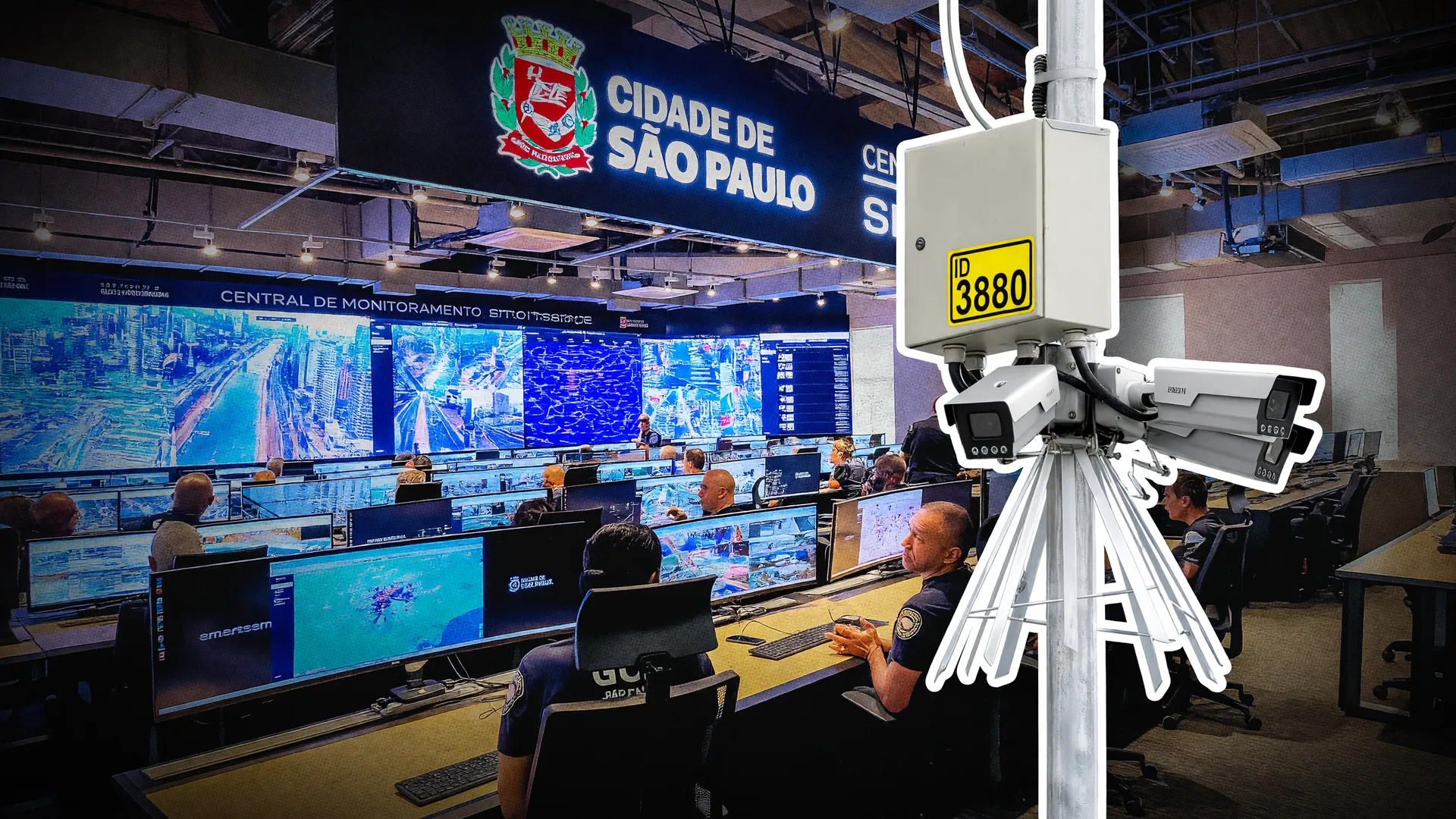 Central de monitoramento com guardas diante de telas, ilustrando o vazamento de dados Smart Sampa e o acesso a câmeras