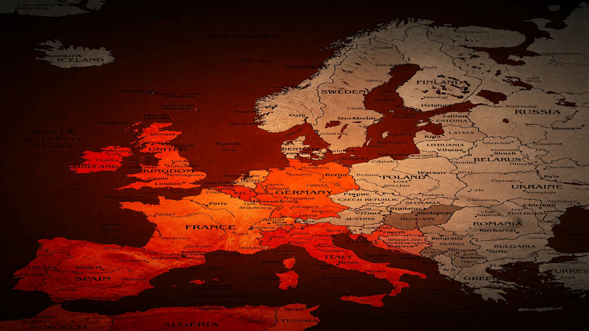 Mapa da Europa em tons avermelhados ilustra o verão mais quente Europa já registrou, com calor extremo e secas.