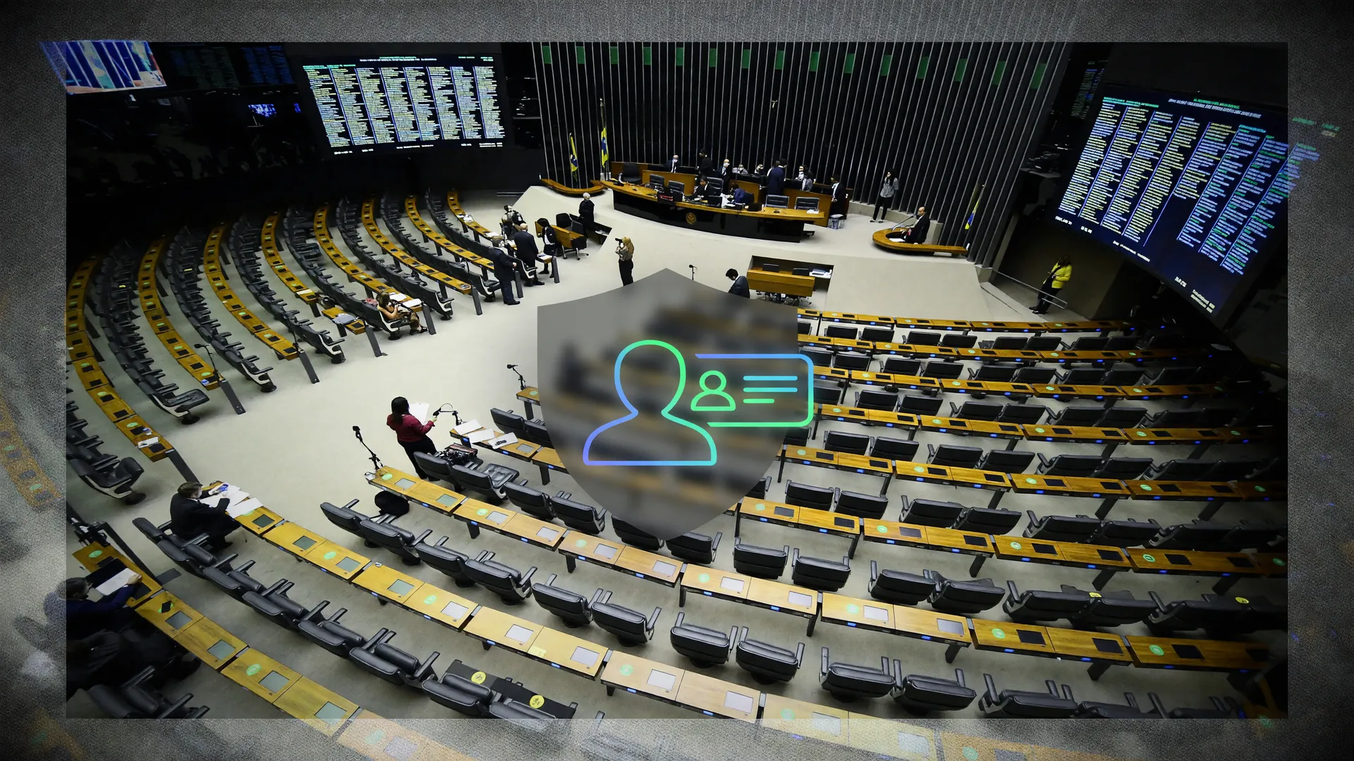 Plenário da Câmara dos Deputados com elementos digitais sobre verificação de idade pelo gov.br e proteção infantil